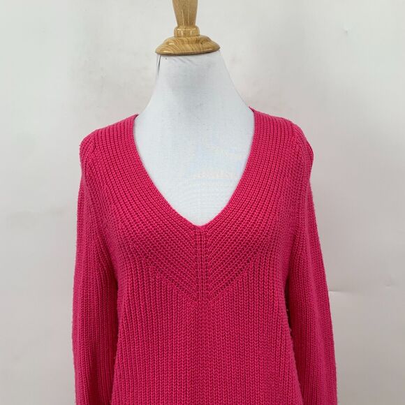 Lucky Brand Knit V Neck Tunic Sweater Women XS Extra Small Hot Pink Cotton Blend - Picture 4 of 12
